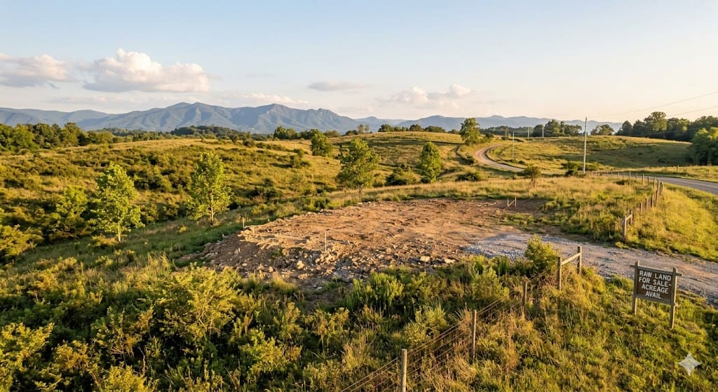 Wide-angle view of a vacant land lot for sale in the Tri-Cities area, featuring a cleared building site, rolling green hills, and a backdrop of the Blue Ridge Mountains under a clear sky.